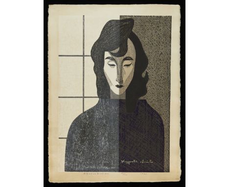 Kiyoshi Saito (Japanese, 1907-1997). Japanese woodblock print titled "Recollection" depicting a portrait of a person, half in
