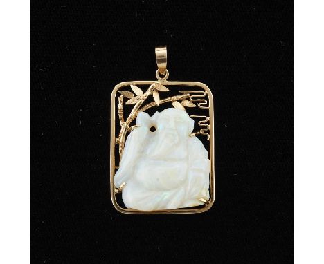 14k yellow gold pendant with carved opal buddha. Set into a 14k yellow gold frame with bamboo details. Bale marked "14k" and 