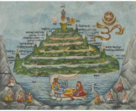 Mughal miniature painting on paper depicting Mount Meru with Vishnu and Lakshmi. There are eight kneeling attendants, each la