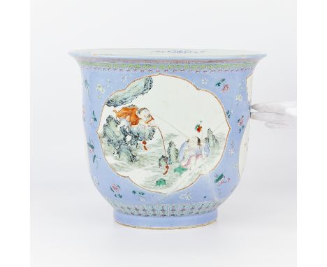 19th century Chinese famille rose porcelain planter. A jardiniere cache pot depicting a Lohan and other figures among rocks, 