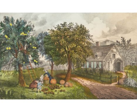 Currier and Ives, United States. Hand-colored lithograph titled "American Homestead Autumn," depicting a scene of figures har