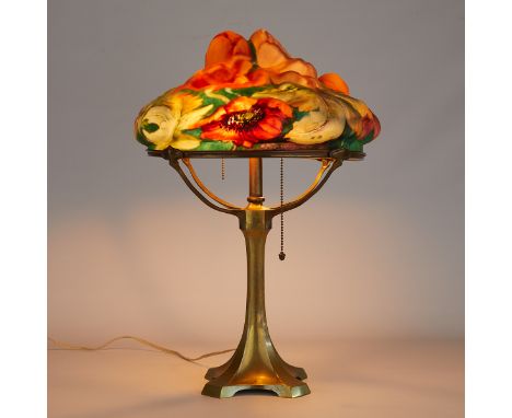 Vintage Pairpoint glass puffy lamp shade depicting red poppy flowers and foliage. Painted along the interior. With a Handel A