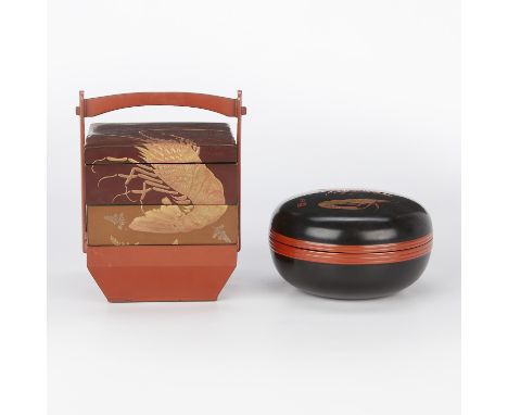 Group of two Japanese lacquerware boxes decorated with crustaceans, ca. early 20th century Taisho to Showa period. One bento 