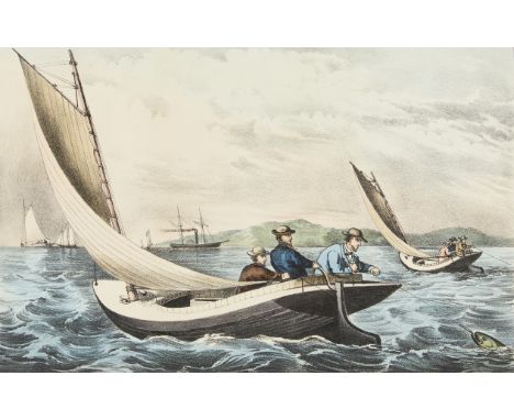 Currier and Ives, United States. Hand-colored lithograph titled "Blue Fishing" depicting a scene of two sailboats fishing for