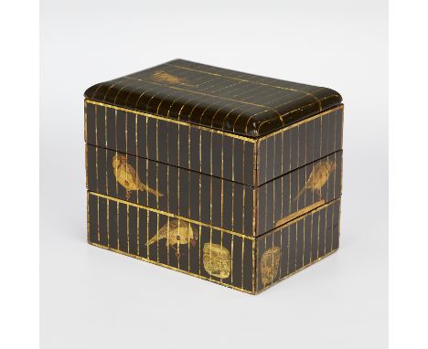Japanese lacquerware bento box decorated with mother-of-pearl Ikaru finches within a cage. With a maki-e gold fleck interior.