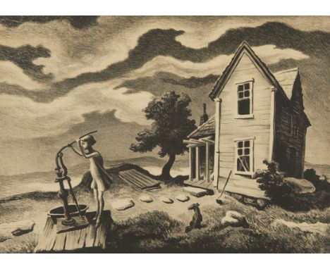 Thomas Hart Benton (American, 1889-1975). Lithograph on paper titled "The Farmer's Daughter" depicting a young girl pumping w