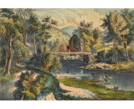 Currier and Ives, United States. Hand-colored lithograph titled "Artists Creek: North Conway," depicting a rural scene of a m