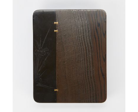 Japanese lacquerware bunko document box with gilt butterfly dovetail joints and a carefully incised carving of an iris. Taish