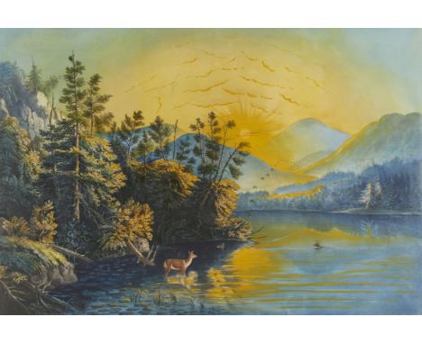 Currier and Ives, United States. Hand-colored lithograph titled "Sunrise on Lake Saranac" depicting an idyllic mountain lands