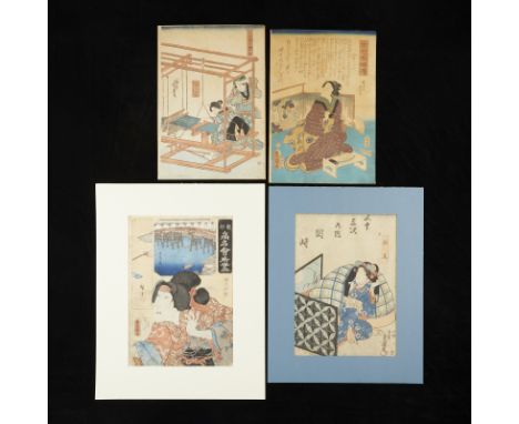Utagawa Kunisada (Japanese, 1786-1865). Group of four Edo period woodblock prints including:One titled "Gojusan Tsugi No Uchi