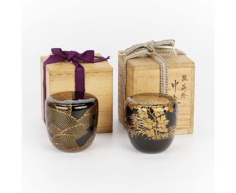 Group of two Japanese lacquered and gilt Natsume tea caddies with boxes. One decorated with flowers and the other with waves(