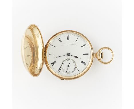 American Watch Co., United States. One William Ellery pocket watch in a yellow gold hunter case with engraved designs and flu