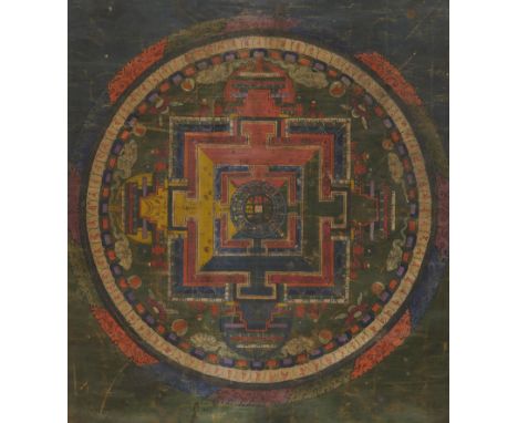 An 18th-century Tibetan painted mandala thangka depicting various lamas, an outer ring of repetitive mantra script, and prote