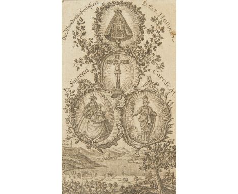 Etching on paper of a bookplate titled "Die Munderbahrhrhen (The Mouthpieces)" depicting holy figures including a crucified C