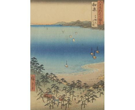 Utagawa Hiroshige (Japanese, 1797-1858). Ukiyo-e woodblock print titled "Izumi Province: Takashi Beach" depicting a cove with
