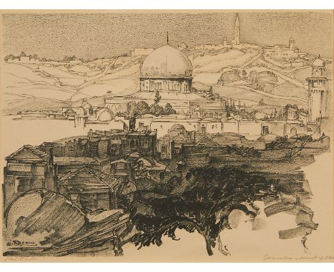 Saul Raskin (Russian/American, 1878-1966). Lithograph on paper titled "Jerusalem - Mount of Olives" depicting the Dome of the