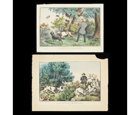 Nathaniel Currier, United States. Group of two hand-colored lithographs, both published in 1855, including:"Woodcock Shooting