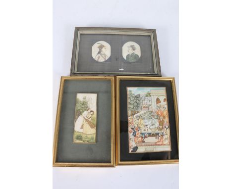 A 20th century Indian well painted portrait of a courting couple in a garden with gilded highlights, another with two small p