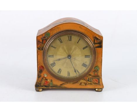 Antique arch topped mantle clock with lacquered Chinoiserie decoration, 13cm tall  The clock ticks