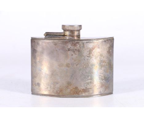 An Art Deco period silver hip spirit flask of crescent moon shape by Goldsmiths and Silversmiths Company Ltd, London 1920, 12