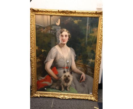 JOHN ST HELIER LAUDER (1868-1944),  Portrait of a lady with dog,  Signed and dated 1938 oil on canvas 120cm x 90cm.Portrait i