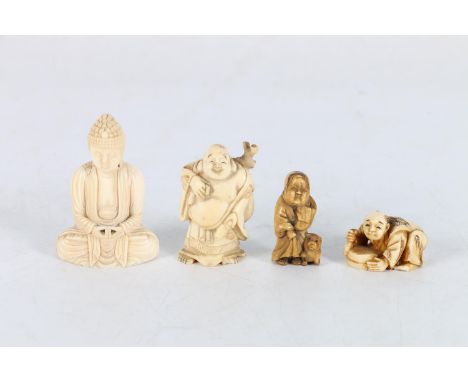 &nbsp;A carved ivory seated Buddha figure, 6cm and a small netsuke depicting a man grinding rice, 3.5cm, a carved ivory seate