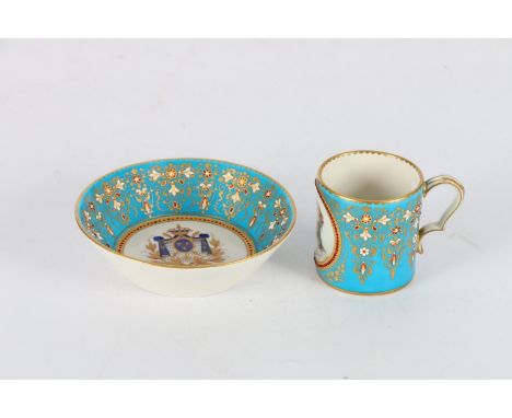 French Sevres style porcelain cabinet cup and saucer, the cup decorated with hand painted vignette depicting portrait of Made