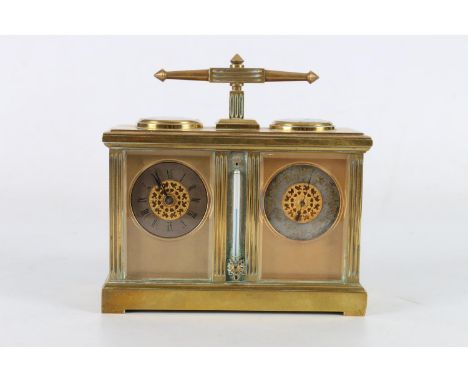 French weather station carriage clock with clock, thermometer, barometer and compass, in gilded brass Corniche style case, 16