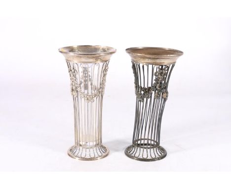 Edwardian Art Nouveau period silver clad glass vases of trumpet from with applied swags by Haseler Brothers (Edward John Hase