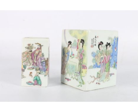 Two pieces of 20th century Chinese porcelain, two brushpots of square section, one decorated with female figures in a garden,