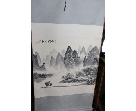 20th century Chinese scroll painting depicting cattle in a mountainous landscape, signed and with seal mark.