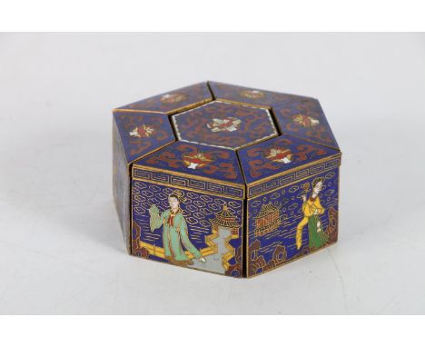 Chinese mid 20th century cloisonne segmented hexagonal box in seven gilt brass sections, decorated with flower and scrolling 