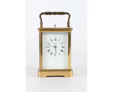 French repeater carriage clock with anchor escapement by Angelus, the white enamel dial with Roman numeral chapters, 17.5cm t