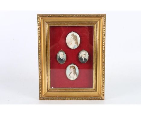 Framed display of four antique portrait miniatures, each apparently unsigned, the largest 5.5cm x 4cm #Generally appears well