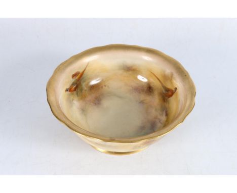 Royal Worcester porcelain bowl decorated with pheasants by James Stinton, signed "Jas Stinton", purple backstamp with star an