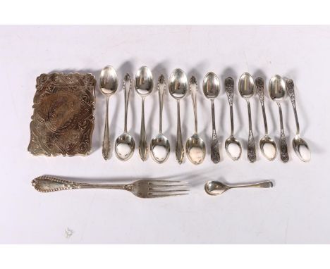 Victorian silver card case with allover engraved decoration, makers marks rubbed, Birmingham 1868, 56g, a set of six 830 grad