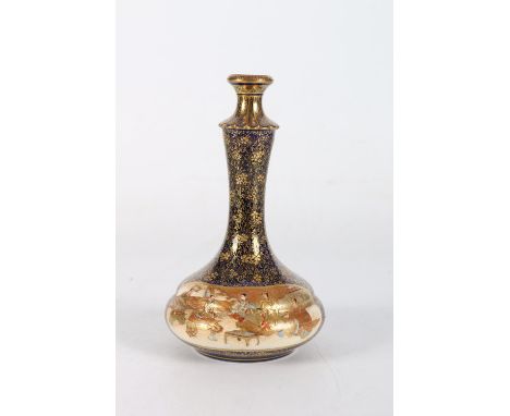 KINKOZAN Japanese Satsuma vase of bottle shape with waisted nedk, the spreading base slightly waisted  and decorated with pan