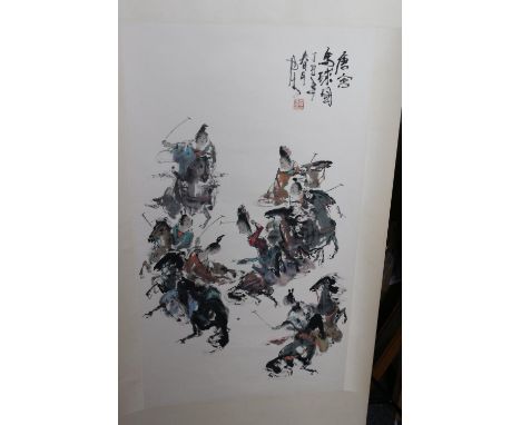 20th century Chinese scroll painting depicting riders on horseback playing polo, signed and with seal mark. Good clean condit