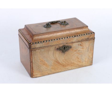 Antique walnut casket top tea caddy with banded top, fittings lacking, 27cm wide 