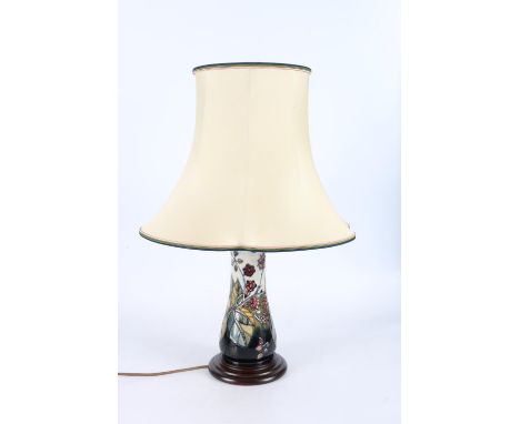 Modern Moorcroft bramble pattern table lamp, after the design by Sally Tuffin, vase section is 30cm tall, upon wooden base wi