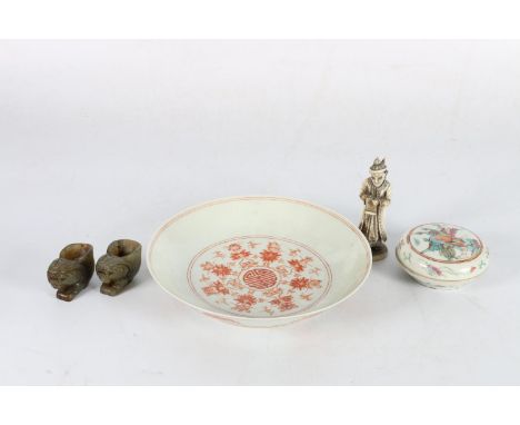 Group of Oriental items including a 20th century iron red decorated dish with shou symbol, 21cm, a famille rose domed box and