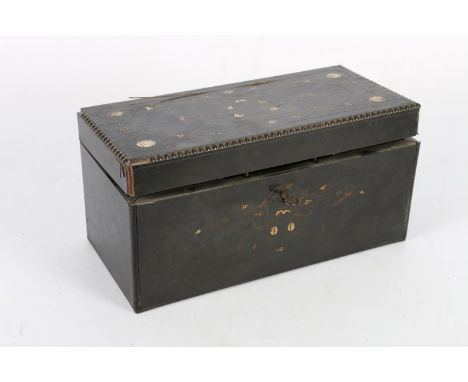 Antique ebonised rosewood and ivory inlaid tea caddy, the rectangular top opening to reveal a fitted interior with central mi