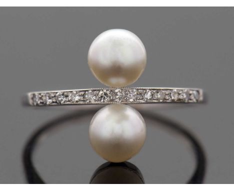 A cultured pearl and diamond ring, the upper section of the band set with single cut diamonds in millegrain mount, with a cul