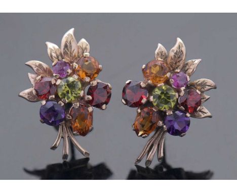 A pair of mid 20th century 9ct multi gemset earrings, the floral bouquet shaped earrings set with peridots, garnets, amethyst