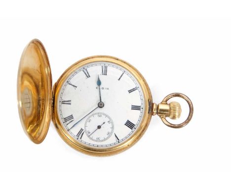 A high grade yellow metal Hunter Elgin USA pocket watch stamped on the inside of the case back 18k, crown wound movement, whi
