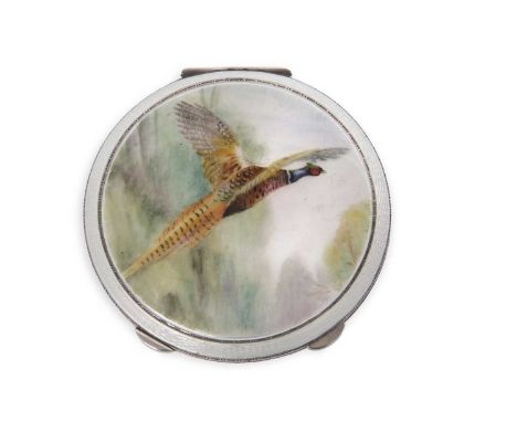 A silver and guilloche enamel compact, the lid with guilloche enamel hand painted decoration depicting a pheasant in flight w