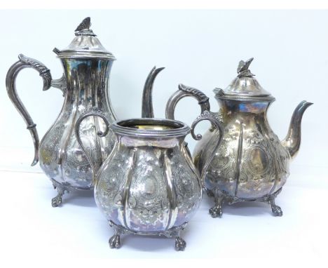 A three piece silver plated tea service, lid missing from sugar bowl