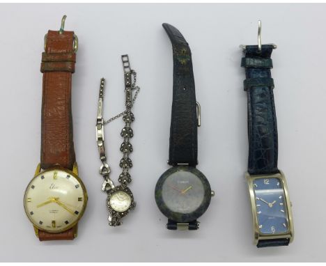 A Junghans rectangular wristwatch, boxed, a Tissot Rockwatch, a lady's silver marcasite cocktail watch and an Elco wristwatch