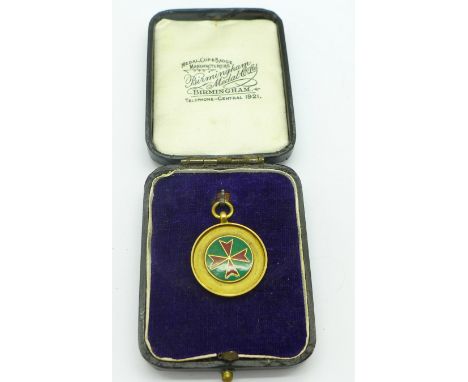 A 9ct gold and enamel fob medal, boxed, 6.1g