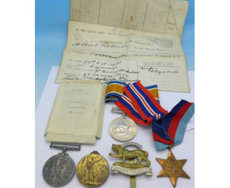 WWI and WWII medals and ephemera, Victory medal to 176706 Gnr. J.L. Wilmot R.A. and War Medal to K.44368 A. Roberts Sto. 1.R.